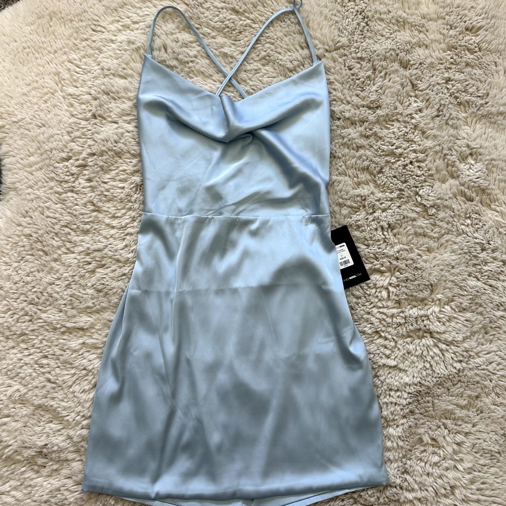 *NWT* Fashion Nova All To Myself Mini Satin Dress W/ Strappy Back in Blue Sz Sml